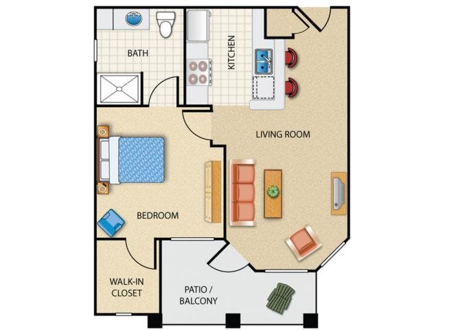 1 bedroom 1 bathroom floor plan at Prescott Lakes Apartments in Prescott, AZ
